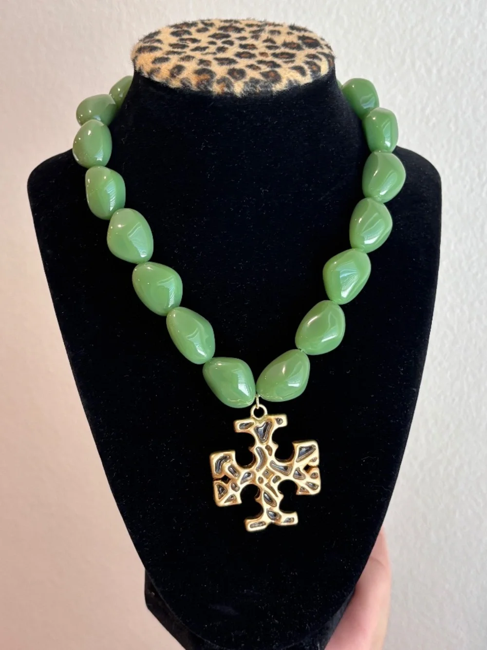 Tory Burch | Gold Plated Icon Pendant Necklace w/Green Beads | Magnetic Closure